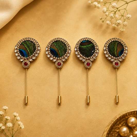 Round Shaped Kundan Morpankh Lapel Pin - Pack of 50
