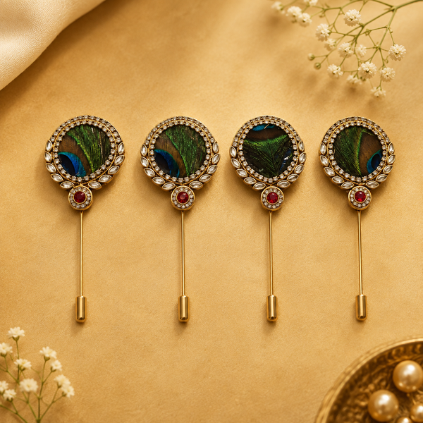 Round Shaped Kundan Morpankh Lapel Pin - Pack of 50