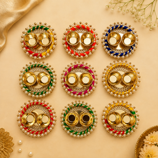 Round Metallic Teeka Platters with Tilak Sticks - Pack of 10
