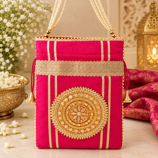 Gota Patti Raw Silk Potlis with Moti Handle - Pack of 20