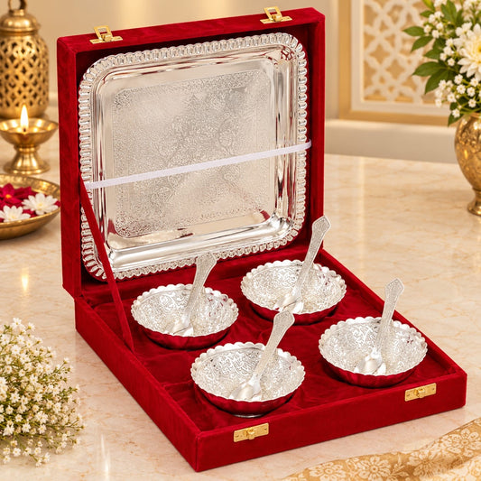 German Silver 4 Bowl Spoon Set & Tray