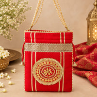 Gota Patti Raw Silk Potlis with Moti Handle