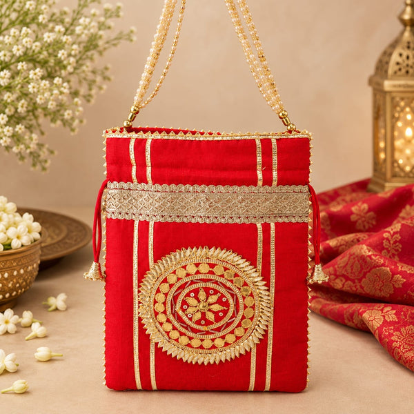 Gota Patti Raw Silk Potlis with Moti Handle