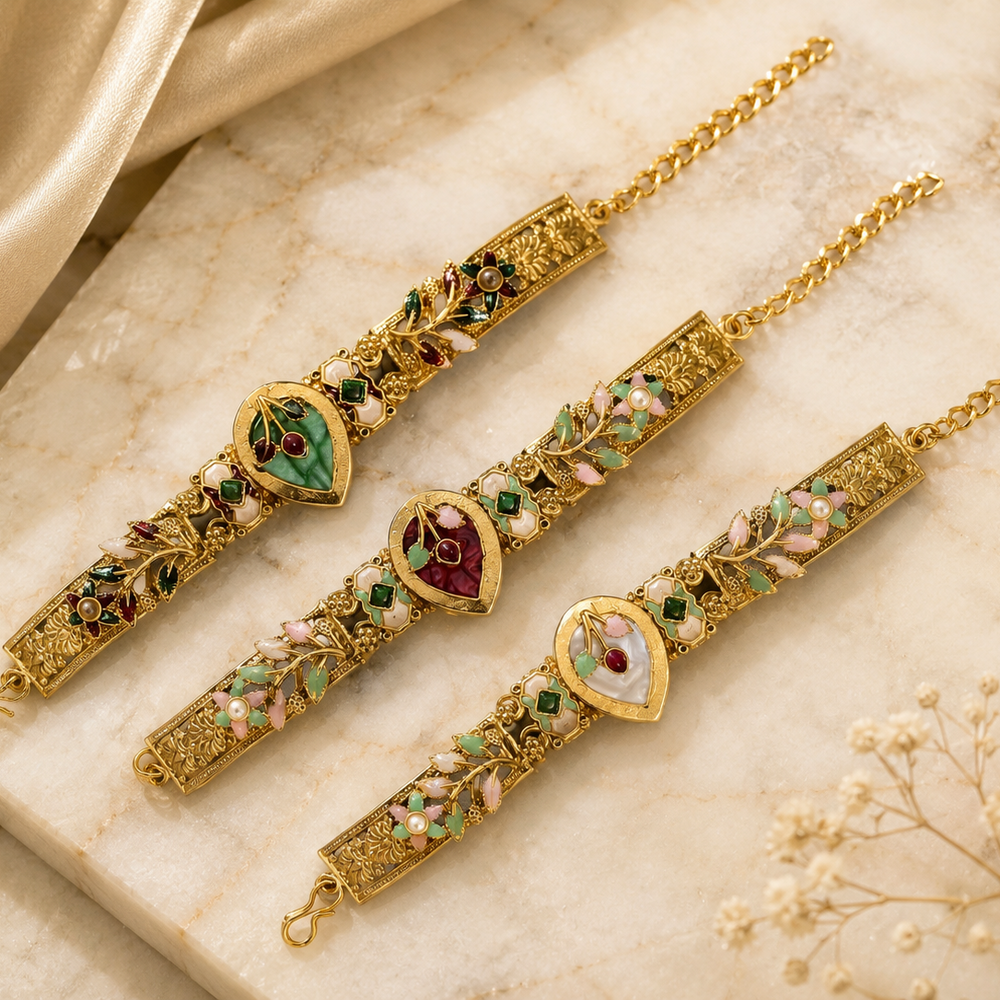 Floral theme stone studded golden bracelet