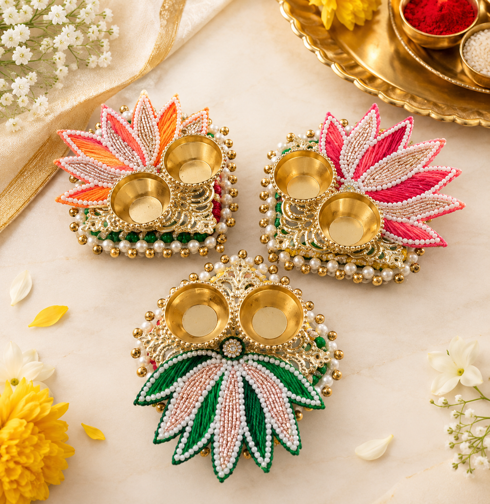 Beaded Lotus Teeka Platter with Tilak Stick (Pack of 10)