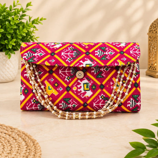 Ikkat Print Clutch with Moti Handle